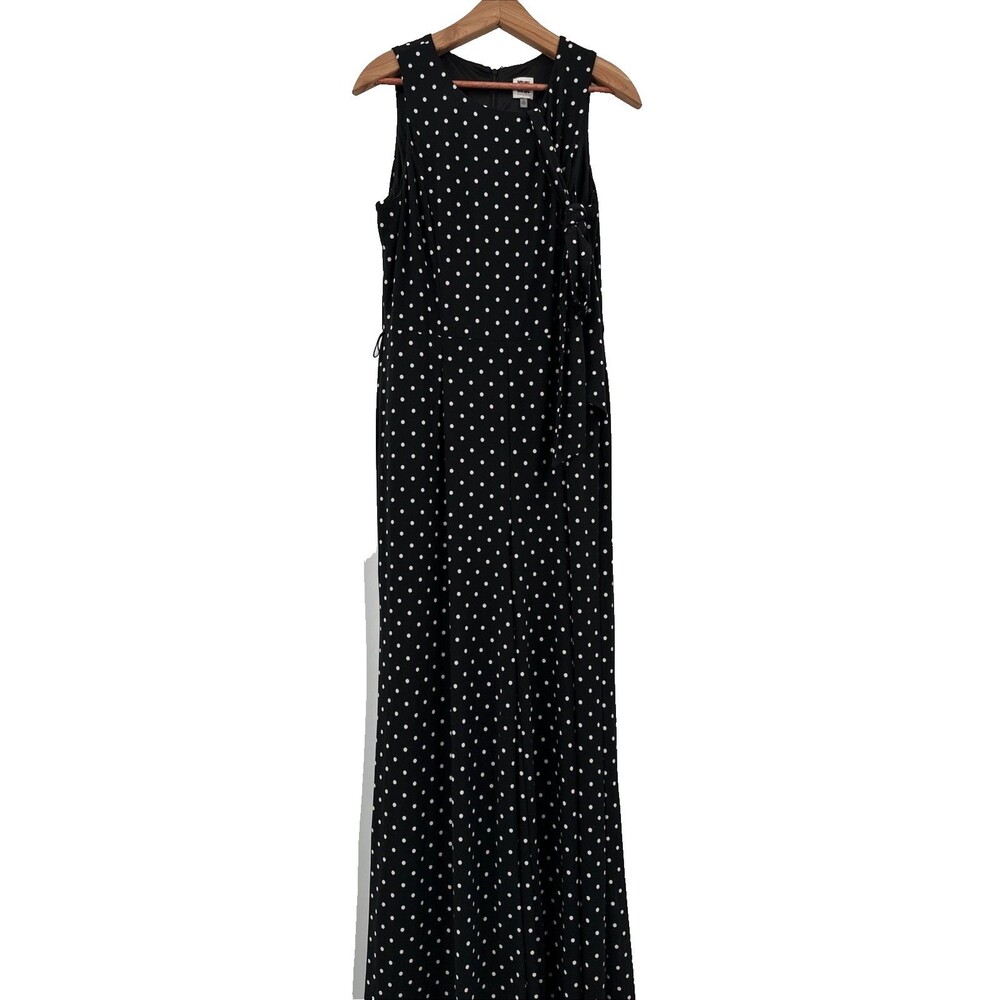 Anne Klein Size 14 Jumpsuit Black White Polka Dot Jersey Knit Tie Wide Leg - Picture 2 of 9
